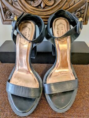 Ted Baker London Women's Black Ankle-Strap Block Heels with Gold Buckle